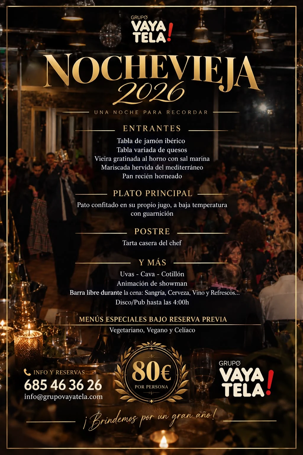 Cartel del menú de Nochevieja 2026 de Grupo Vaya Tela, 80€ por persona